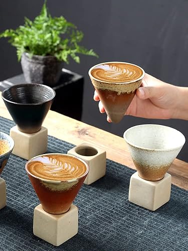 Miniatura 2 de Tazas de café de cerámica gruesa, tazas de té de cerámica de estilo japonés, taza retro de porcelana con forma de cono triangular con base cuadrada,
