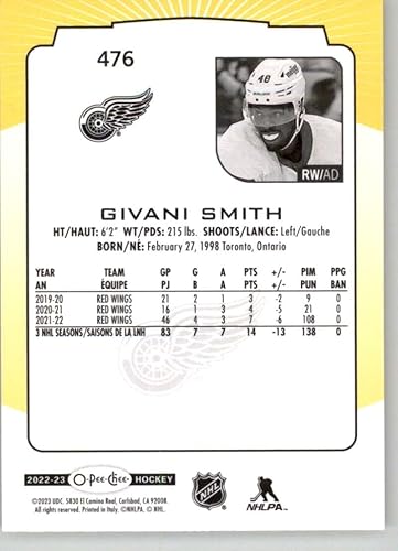 Miniatura 2 de 2022-23 O-Pee-Chee Yellow Border #476 Givani Smith Detroit Red Wings NHL Hockey Trading Card