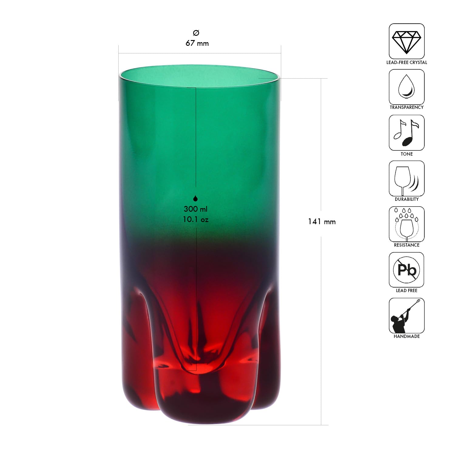 Krosno – Verres pour cocktails, eau et jus 300 ml – Lot de 6 pièces en 6 couleurs uniques – Collection Aurora – Cristal sans plomb – Peints à la main