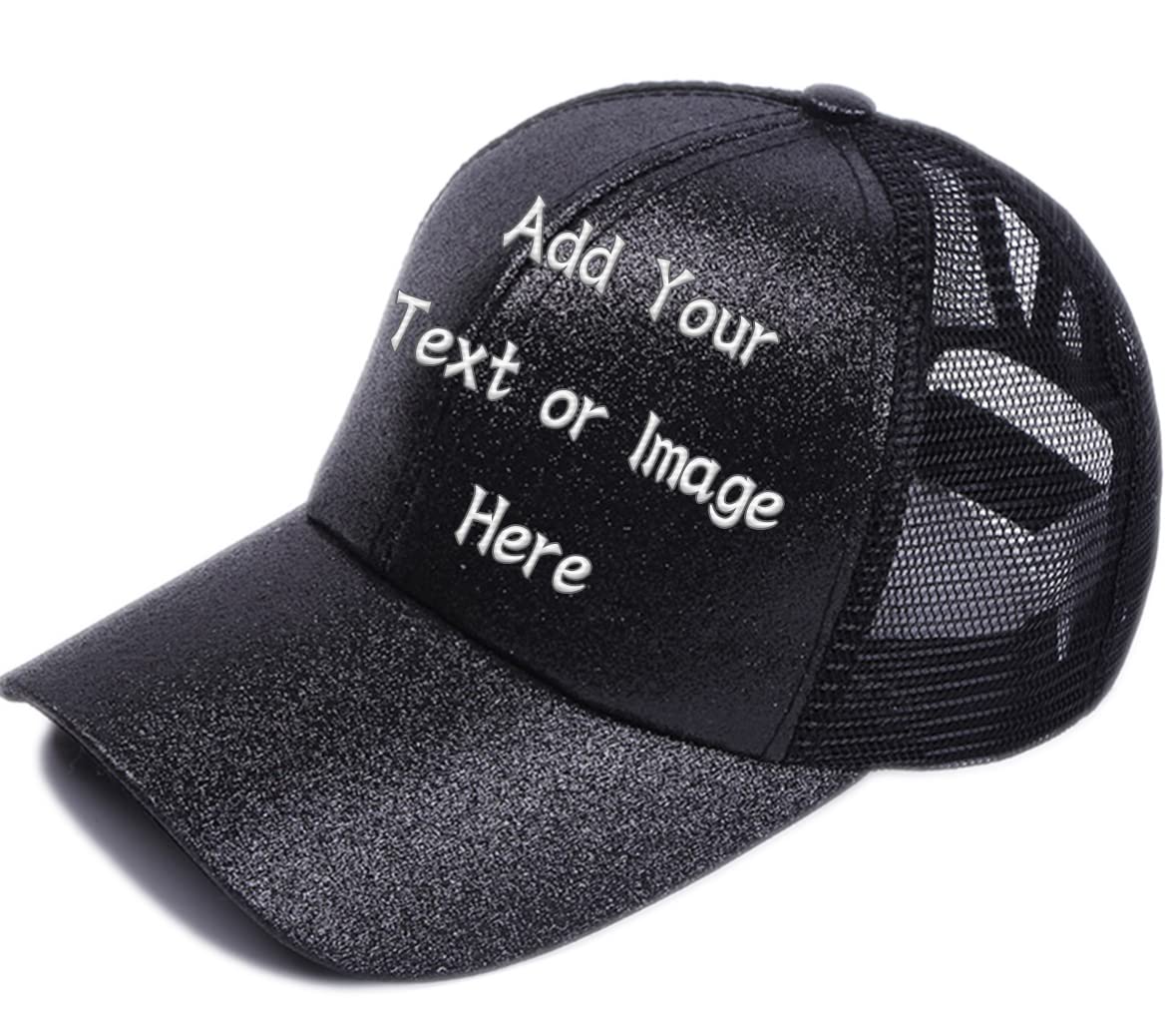 Mr.PandaCustom Ponytail Hats for Women, Personalized Baseball Cap Add Photos or Text, Glitter Messy Bun Mens Summer Trucker Cap Mesh, Outdoor Sport SUN Cap, Unisex DAD Hats/Mom Gifts, Design Your Own SUNSHINE