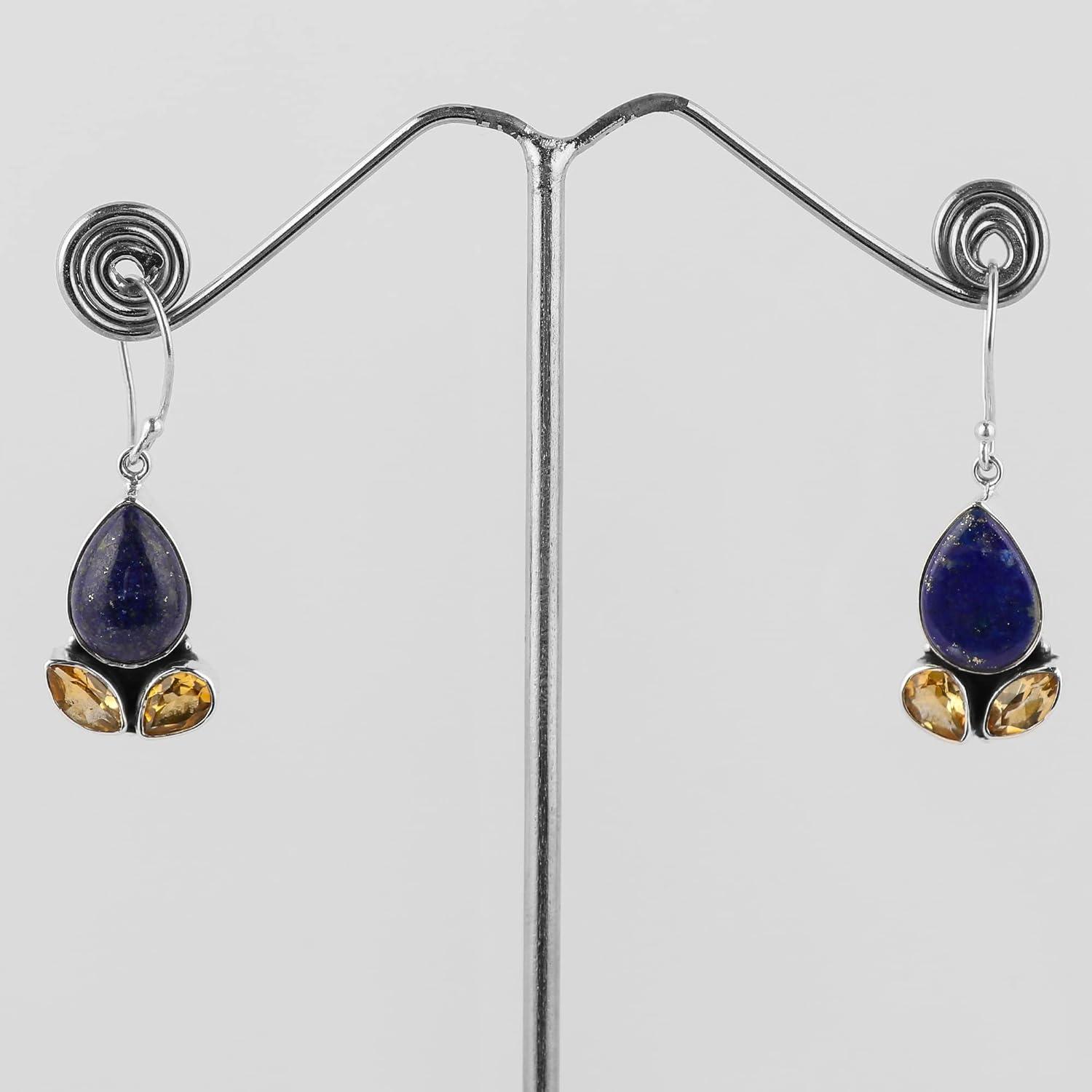 Natural Lapis Lazuli & Citrine Gemstone Earrings, 925 Sterling Silver Designer Jewelry, Handmade Boho Earrings, Statement Gift for Women