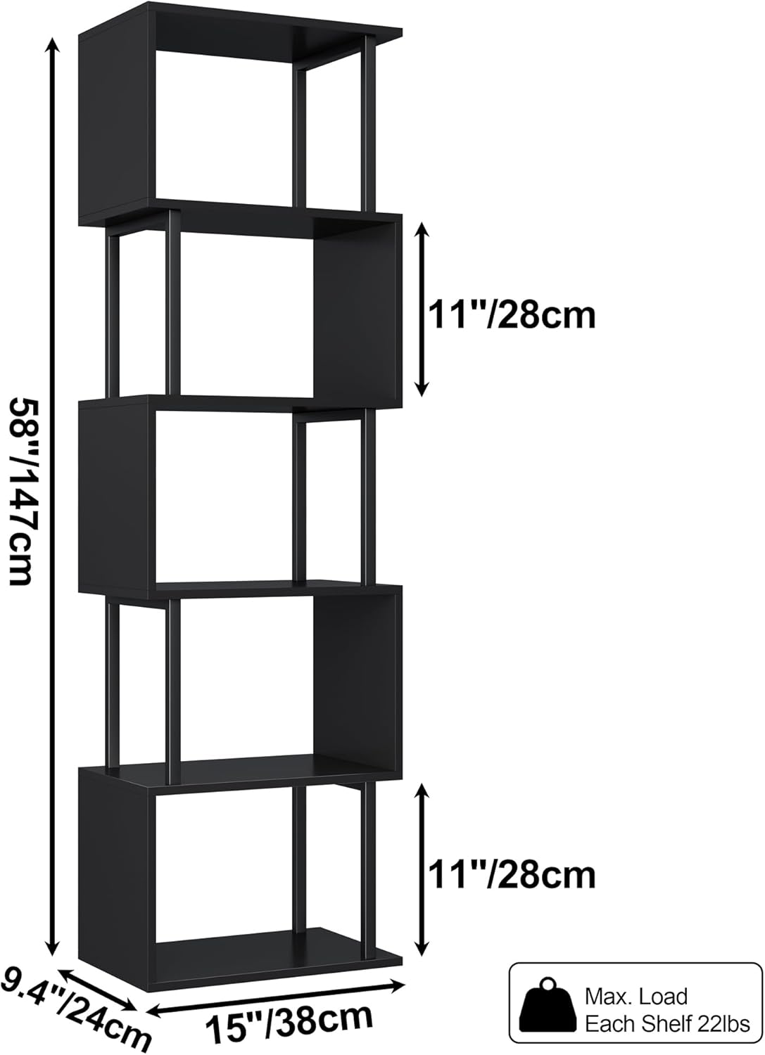 yusong bookshelf 5-tier, geometric bookcase s shaped book shelves for bedroom, modern wood decorative display shelf corner for home office, black black new 5 tier