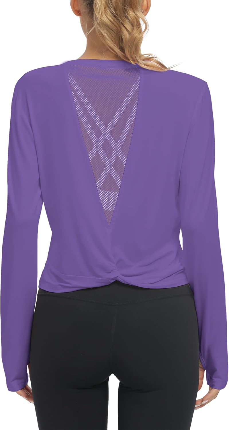 Mippo Long Sleeve Workout Tops Slightly Cropped Shirts for Women to Wear with Leggings