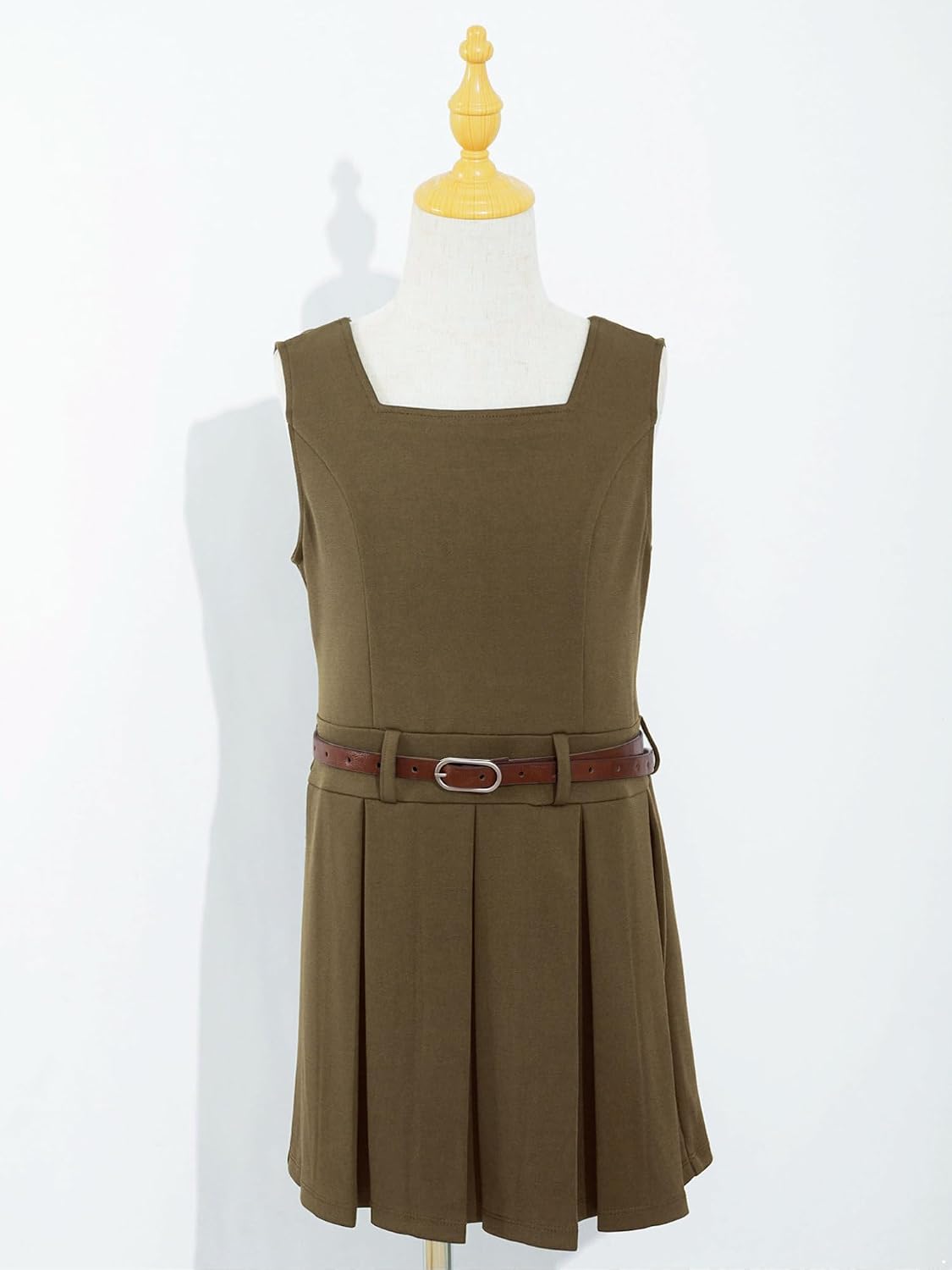 Freebily Girls School Uniform Dress Sleeveless V-Back Jumper with Belt Casual Dress