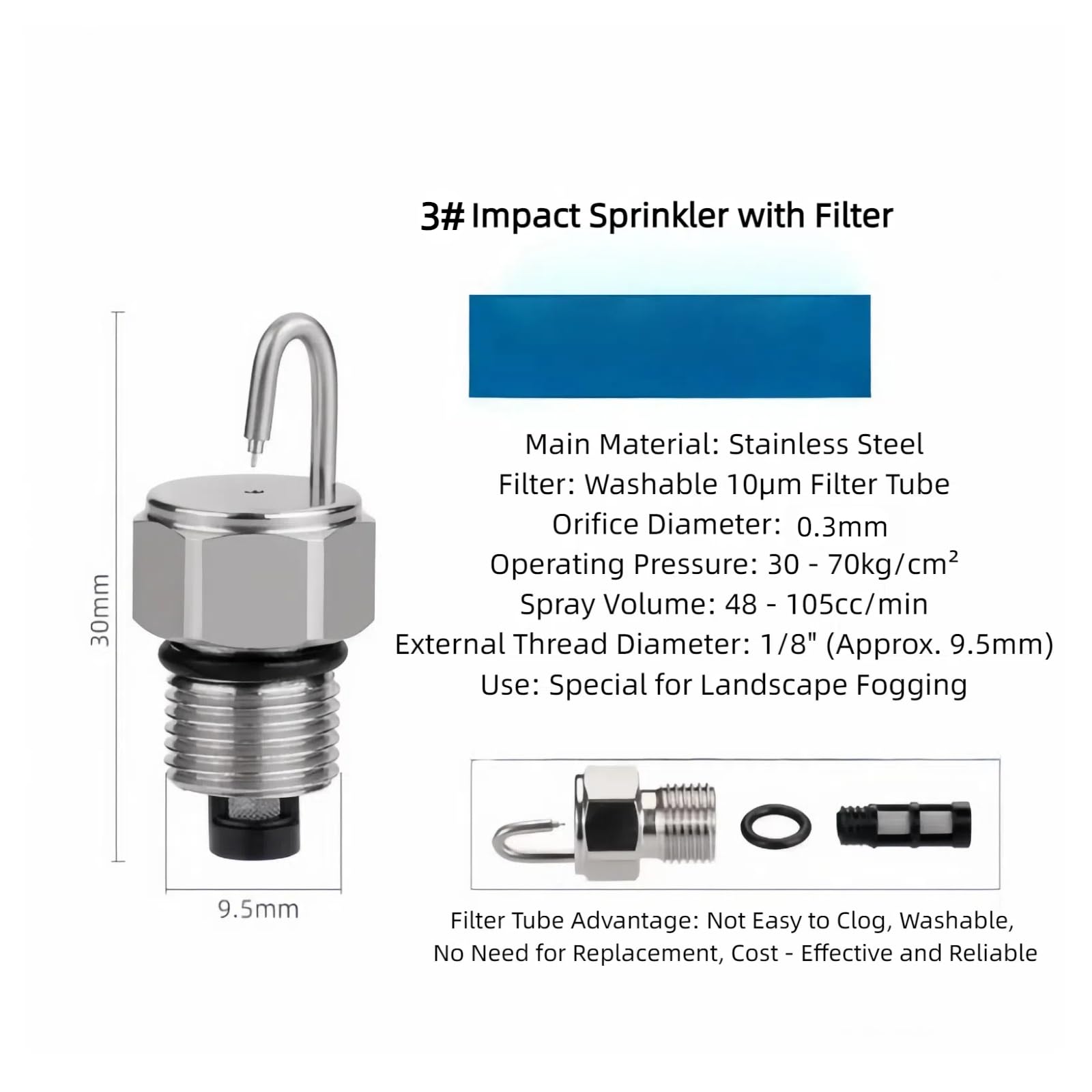 Paquete de 50 boquillas de pulverización de acero inoxidable de 1/8" NPT con filtro lavable - Cabezales de repuesto para pulverizadores atomizadores de alta presión y refrigeración exterior (orifici