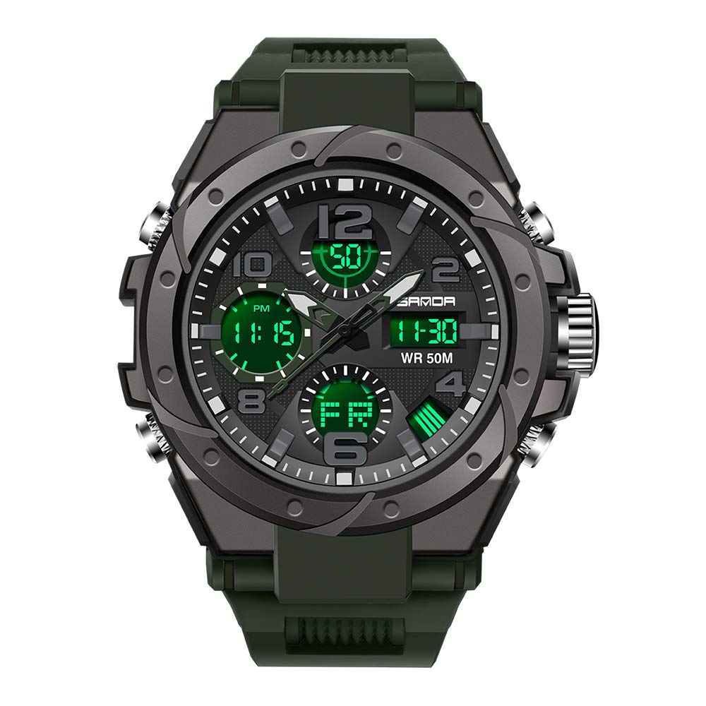 Orologio sportivo analogico digitale da uomo, impermeabile fino a 50 m, militare, tattico, con cronometro, sveglia, retroilluminazione, doppio display, quadrante grande, cinturino in resina