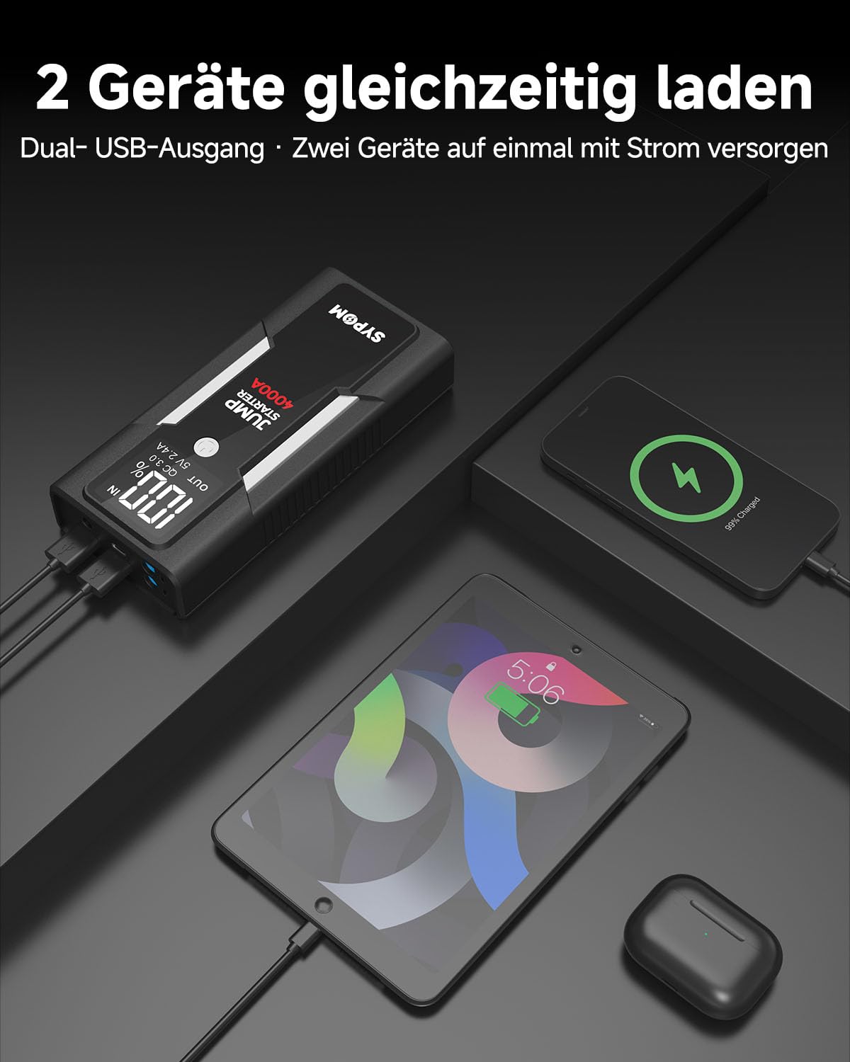 Tragbare Starthilfe, 4000 A Spitzenstrom Autobatterie Ladegerät, 12 V Startbox für LKW bis zu 10 L Diesel, Motorrad, Dual USB, LED-Licht, Großartiger Batterie-Jumper für Notfall-Kit für Auto