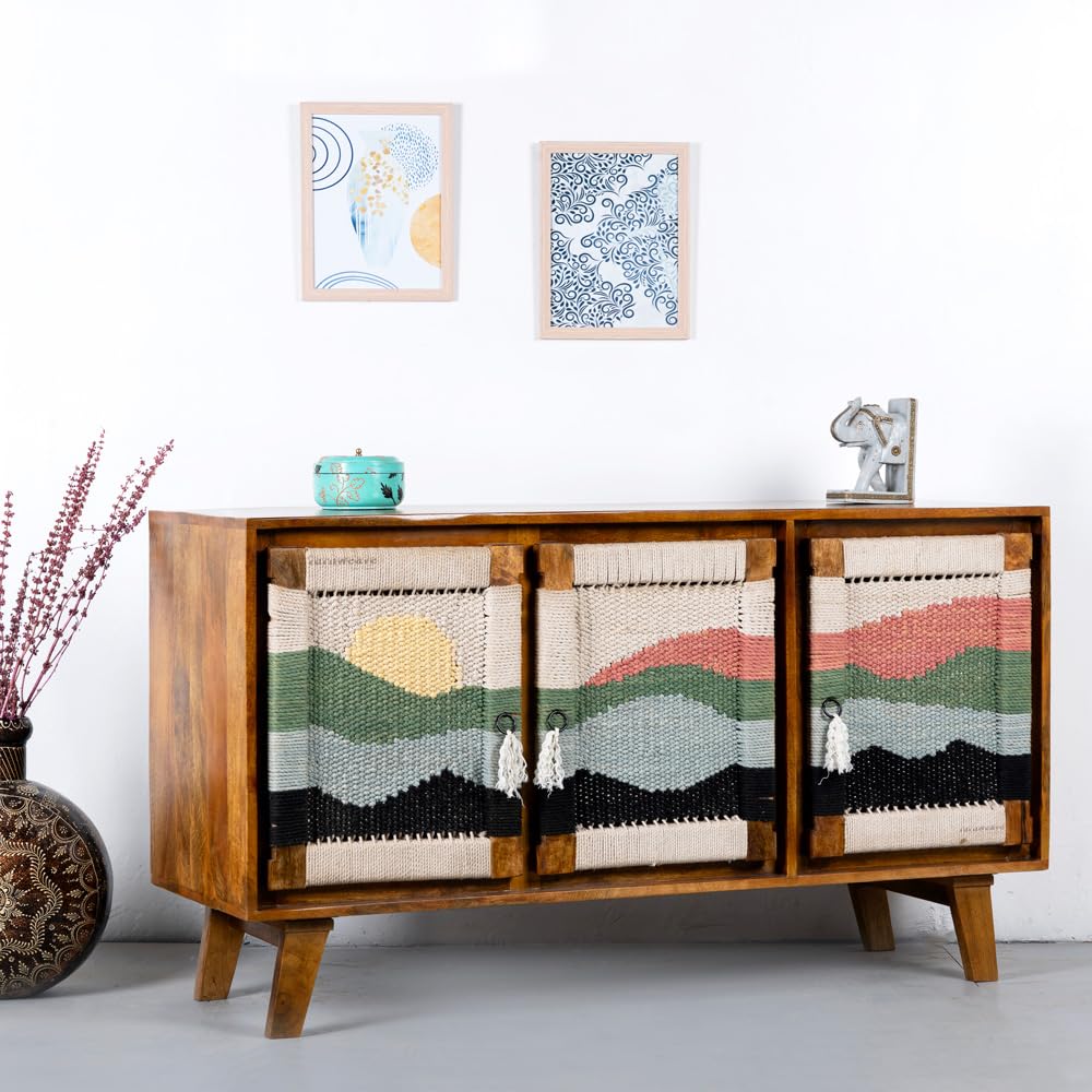 FURNWEAVE Bunai Handwoven Solid Wood Sideboard Tv Cabinet for Living Room, Office & Lounge | Tv Unit Side Board Table with 3 Doors Solid Wooden Antique Storage Cabinet Furniture for Home, Teak-image-33