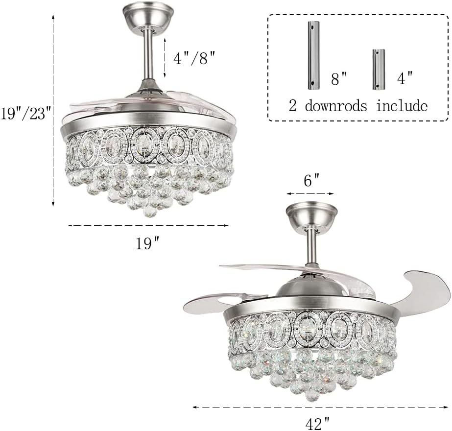 MORE CHANGE BIGBANBAN 42" Crystal Ceiling Fan Indoor with Light Remote Control Modern Silver Retractable Ceiling Fan Chandelier 3 Colors 3 Speeds Silent Fandelier Chandelier for Dinning Room Bedroom