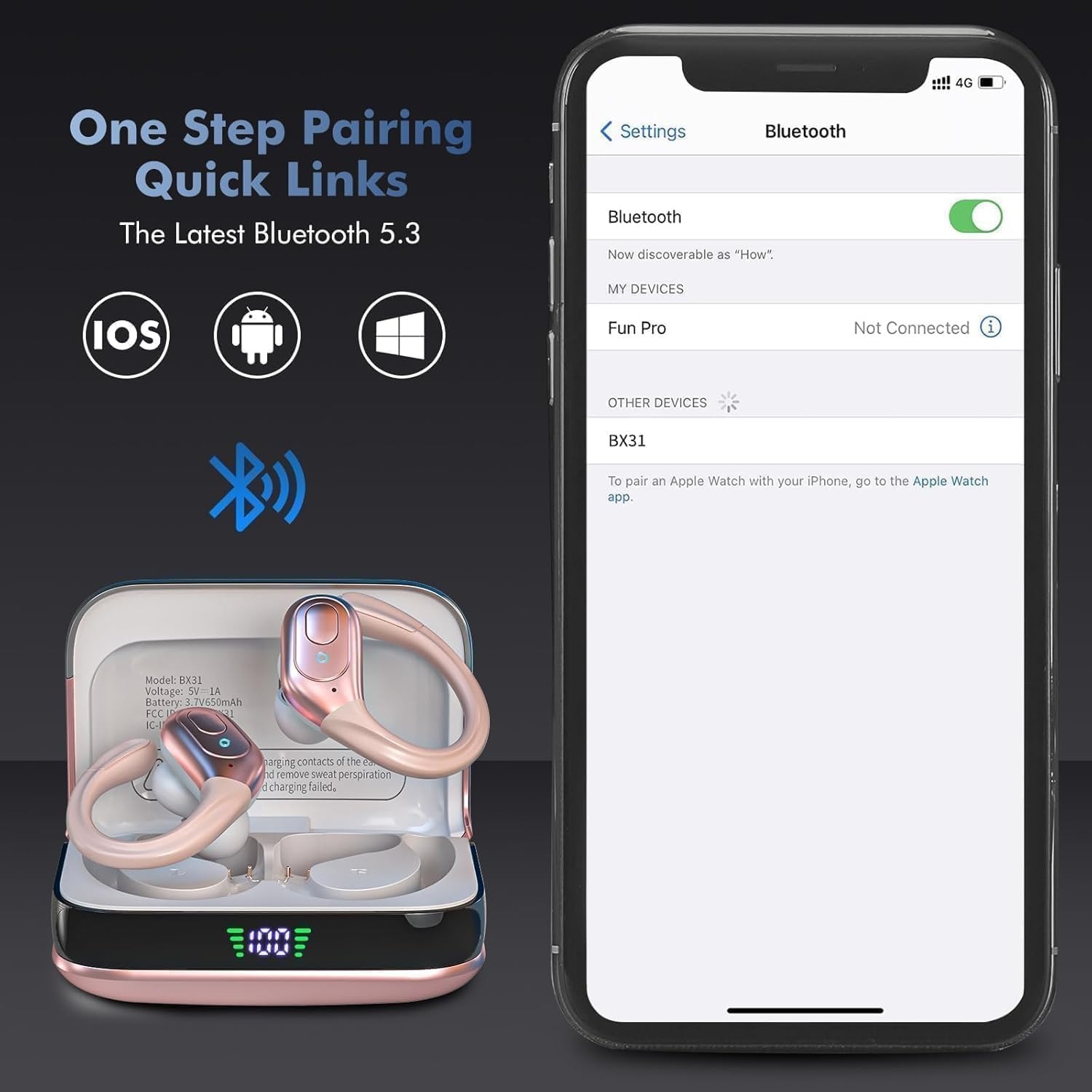 Wireless Earbuds Bluetooth 5.4 Headphones, IPX7 Waterproof Earphones, Over-Ear Earphones, Noise Canceling Ear Buds with 75hr Playtime, LED Power Display for Sports/Workouts - Rose Gold - Image 4