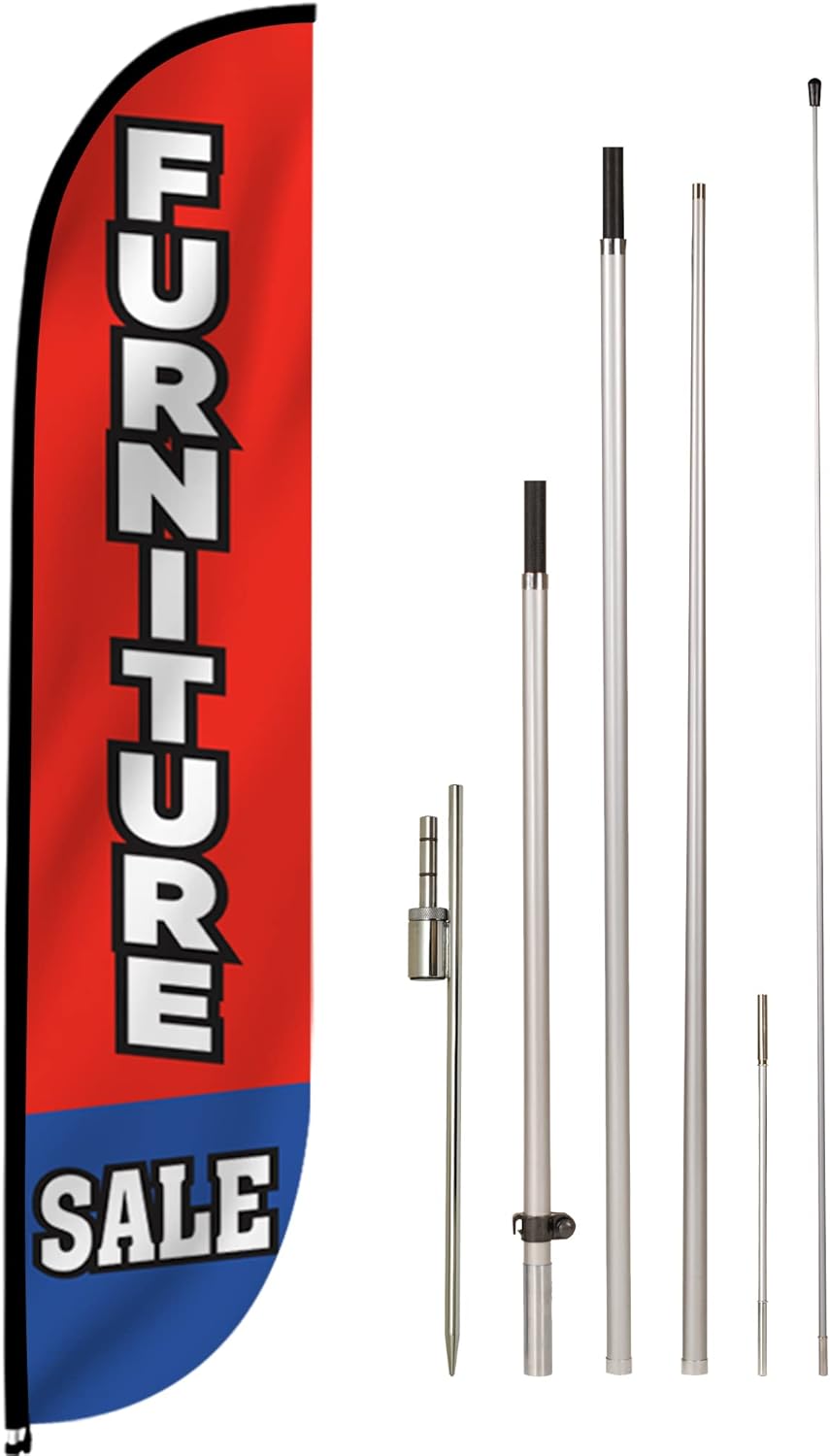 LookOurWay Feather Flag Pole Kit - 12 Feet Tall Advertising Flag Banner with Fiberglass Pole Kit and Ground Spike for Business Promotion - Furniture & Mattress Store - Furniture Sale