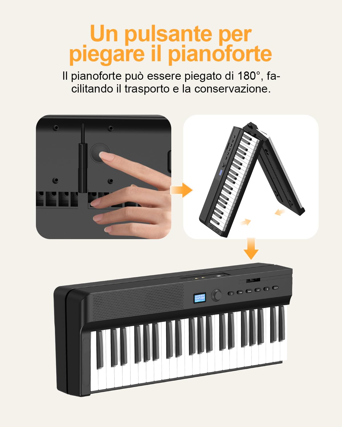 Pianoforte pieghevole migliorato, tastiera semi-ponderata 88 tasti, supporta MIDI, portatile Bluetooth con pedale Sustain e tasca