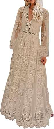 Women's V Neck Floral Lace Maxi Wedding Dress Long Sleeve Flowy Formal Party Dress Fall Spring