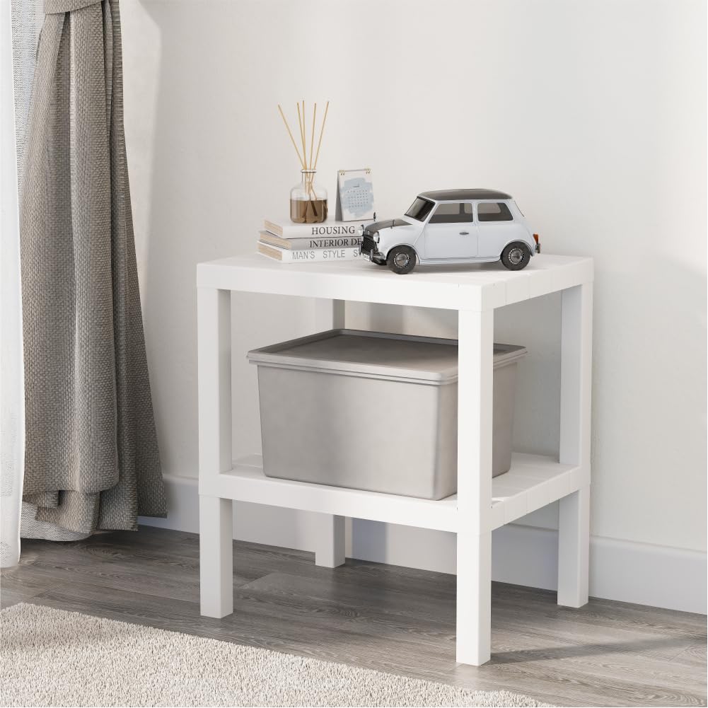 sugodesign OMBEG Tavolino multiuso a 2 ripiani, comodino, rettangolare, in plastica impermeabile, portata 10 kg per ripiano, per bagno, cucina, balcone, camera da letto (bianco)