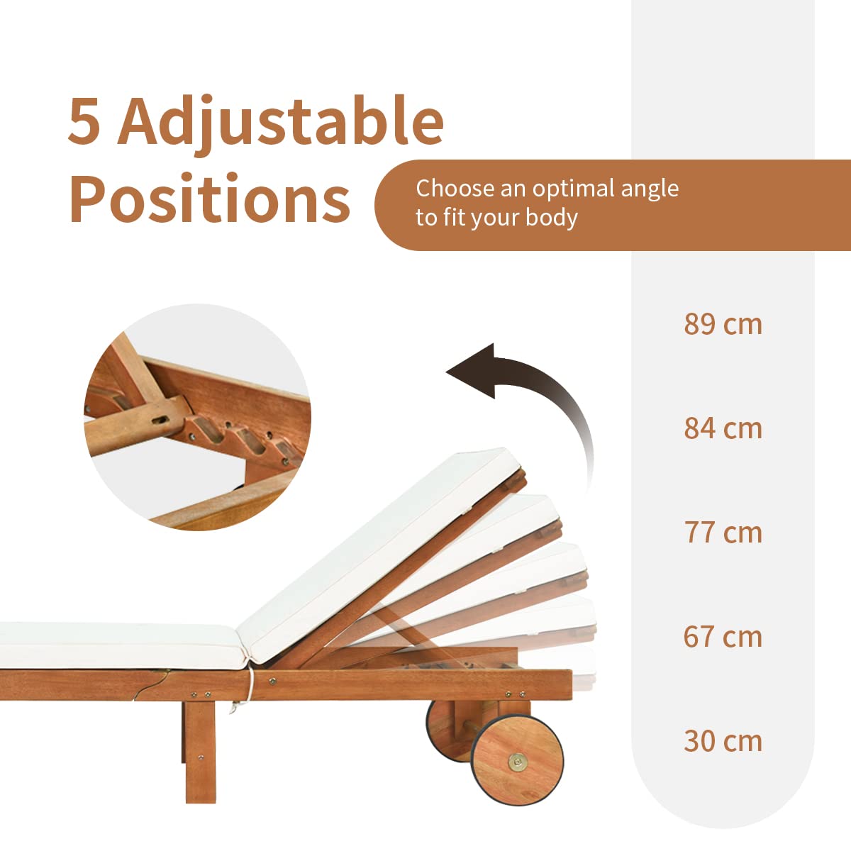 GIANTEX Sonnenliege Klappbar, Mobile Gartenliege mit Rollen, Liegestuhl mit Verstellbarer Rückenlehne, inkl. Kissen, Relaxliege Strandliege Massivholz bis 160 kg belastbar, Liege Garten (Holz)
