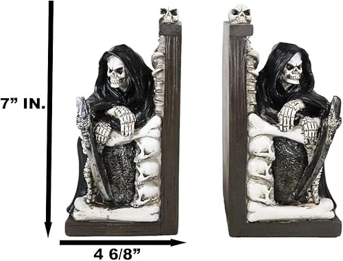 Miniatura 2 de Ebros Gift Parca gótica, señor oscuro sentado en calaveras y huesos de esqueleto, tronos, par de sujetalibros, estatua de 7 pulgadas de alto,