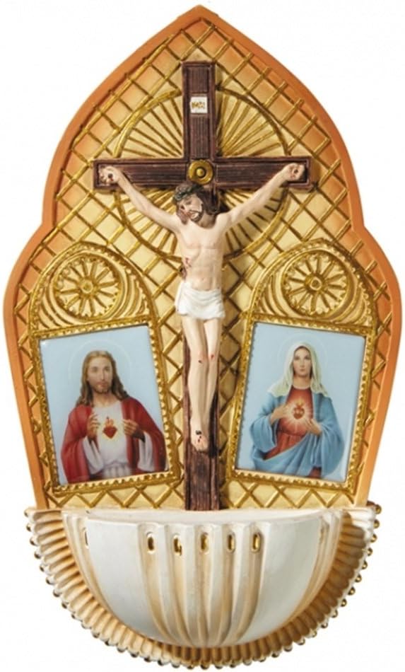Religious Gifts - The Sacred Hearts with Crucifix Resin Holy Water Font, 7 1/2 Inch