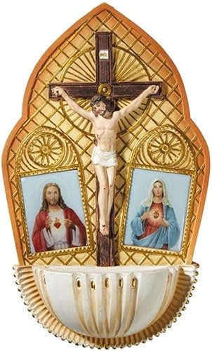 The Sacred Hearts with Crucifix Resin Holy Water Font, 7 1/2 pulgadas