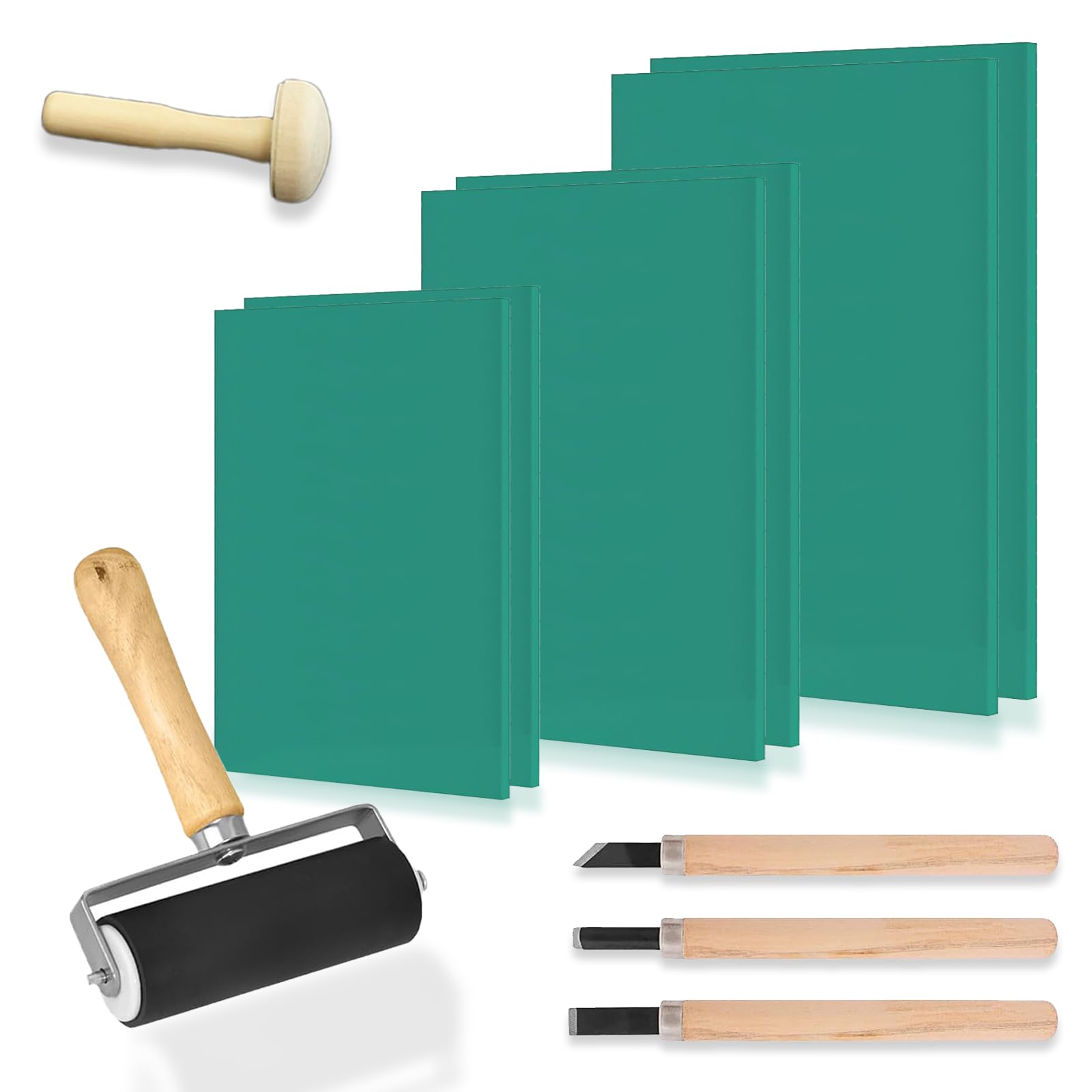 Lino Printing Kit, 6 PCS (A4 A5 A6)*2 Lino Sheets with Cutter Tools and Rubber Brayer Roller for Printmaking and More Crafts Block Printing kit