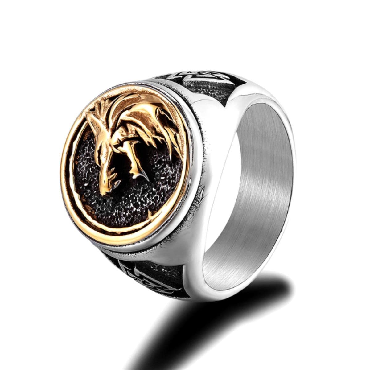 Yahoya Men's Odin Wolf Retro Odins Wolf Fenrir Signet Rings Gold Color Stainless Steel Norse Mythology Symbols Valknut Amulet Ring Punk Accessories