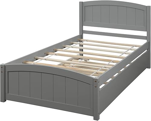 Miniatura 6 de Cama individual con nido, marco de cama de madera con cabecero y estribo, plataforma de madera para niños, niñas, niños, adolescentes y adultos, gris
