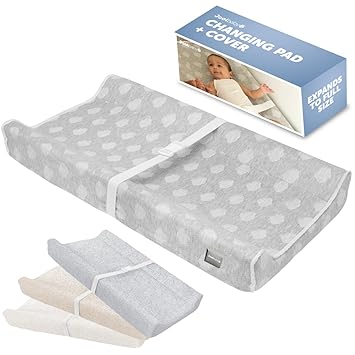 Jool Baby Serenity Soft Changing Pad + Washable Cover, Non-Slip - Fits Standard Changing Tables & Dressers Cloud Pattern, Gray | Makes Changing Time Easier With Contoured Sides & Safety Strap Includes Machine Washable Zip-Off Cover for Easy Cleaning
