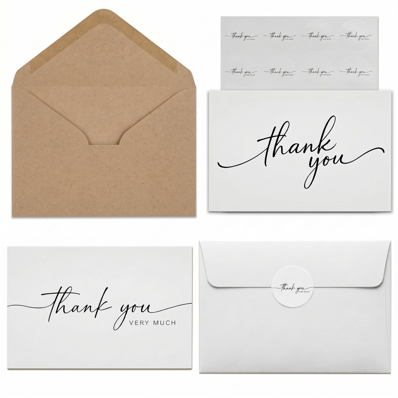 Paquete de 48 tarjetas de agradecimiento con sobres autoadhesivos y papel kraft y calcomanías a juego, diseño minimalista de 5 x 3.5 pulgadas, adecuadas para bodas, negocios, baby showers