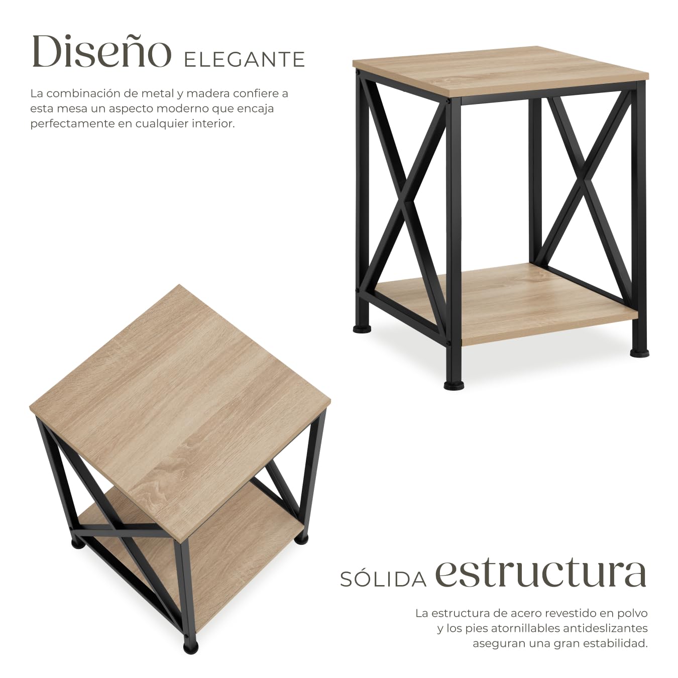 tectake® Mesa Auxiliar Salon Estilo Industrial con 2 Estantes y Pies Ajustables, Mesitas de Noche, Decoracion Hogar, Muebles, Oficina - 40,5 x 40,5 x 52,2 cm Madera Industrial Clara, Roble Sonoma