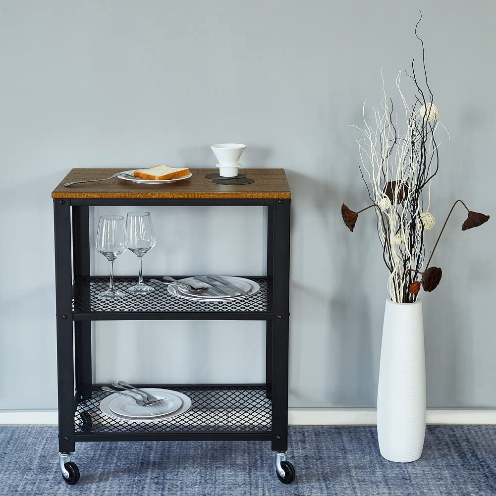 Meerveil Carrello industriale cucina con rack di stoccaggio a 3 piani, vintage con ruote, ripiano in legno e telaio in metallo