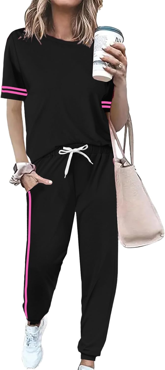 Women 2 Piece Outfits Summer Set Striped Short Sleeve Sweatsuits Crew Neck Pullover Lounge Tracksuit with Pocket