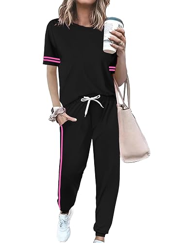 Women 2 Piece Outfits Summer Set Striped Short Sleeve Sweatsuits