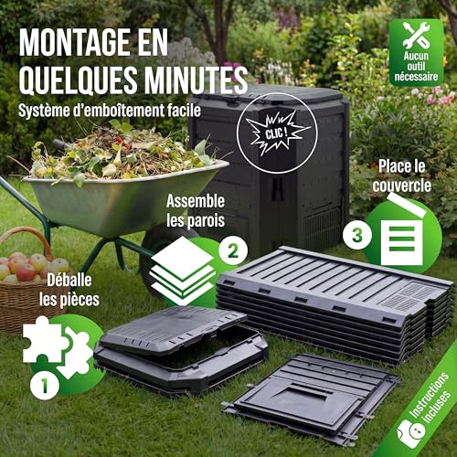 DEUBA® Composteur de Jardin 800 L Plastique Noir...