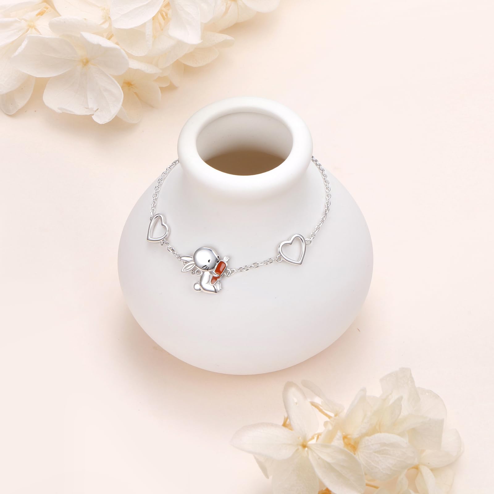 Flyow Pulseras de plata de ley S925 con diseño de tortuga, rana, conejo y corazón para mujeres, adolescentes y niñas, pulsera animal ajustable, joyería, 6.5+2 inches, Sin piedra preciosa