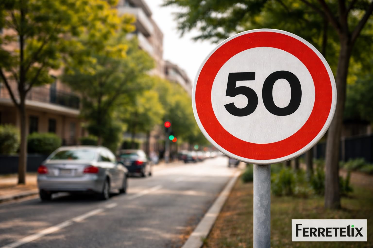 FERRETELIX® Señal de Tráfico Metálica Homologada R-301 | Velocidad Máxima 50 km/h | Tipo MOPU | Reflectante Nivel 1 | Uso Profesional en Vías y Entornos Urbanos