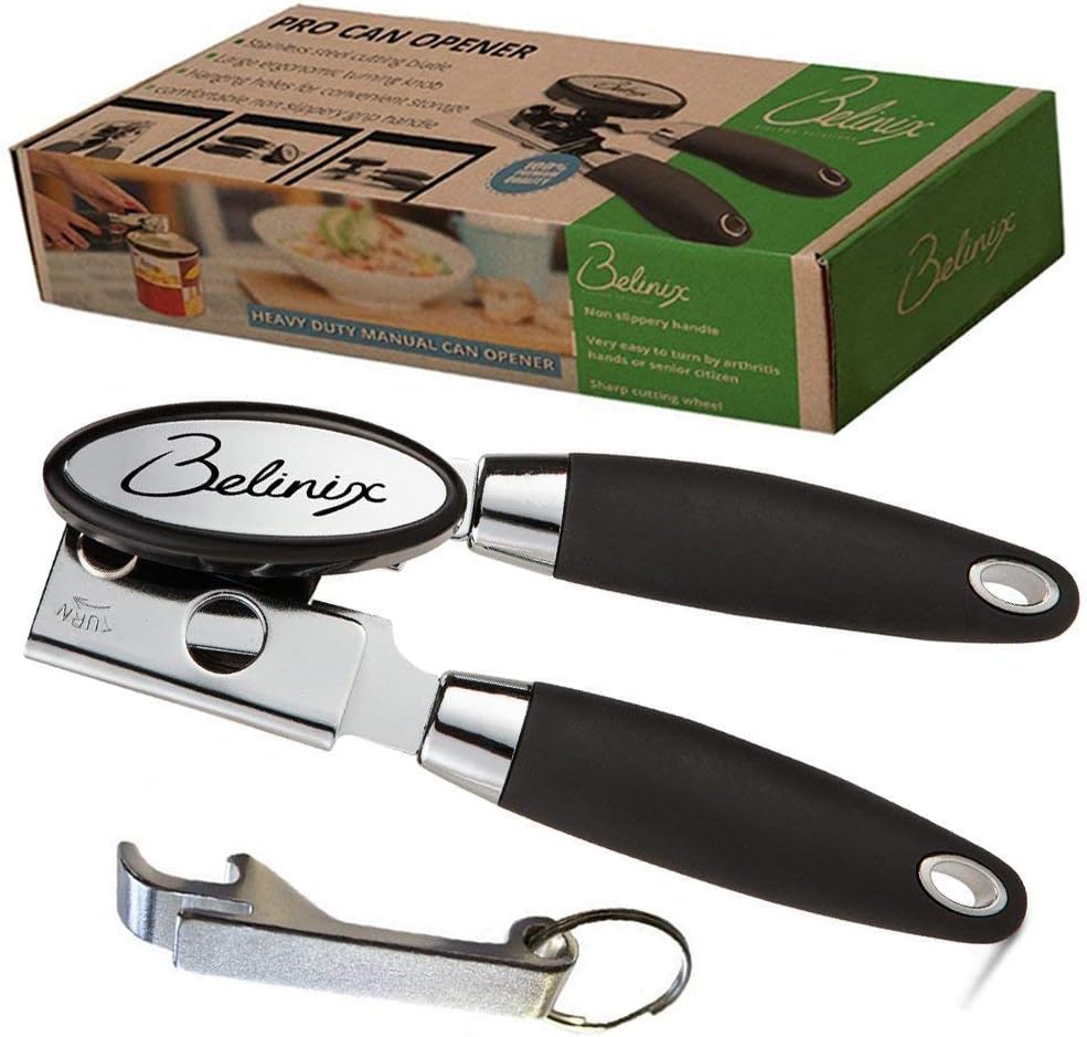 Can Opener - Manual Easy Turn - Sharp Blade for Smooth Edge Opening - Safety Magnetic Lid Lifter - Comfortable Soft Grip Silicone Handles for Seniors and Arthritic Hands -Black- Bonus Bottle Opener