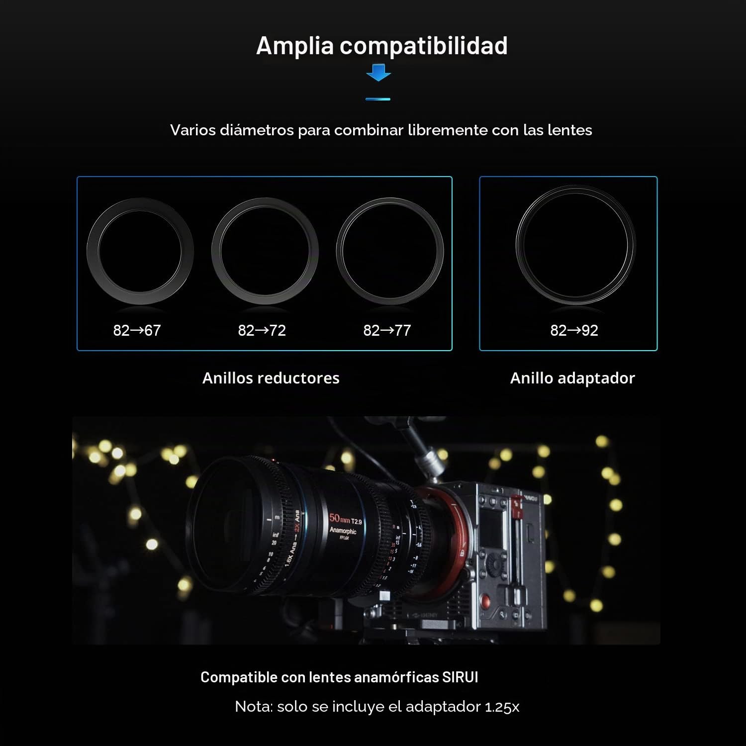 SIRUI 1.25x T2.9 Adaptador anamórfico con Enfoque único Frontal, Rosca Trasera de 82mm con Anillos (67mm, 72mm, 77mm, 92mm), Adaptador de Lente anamórfico Adicional para Lentes de Cine de la cámara