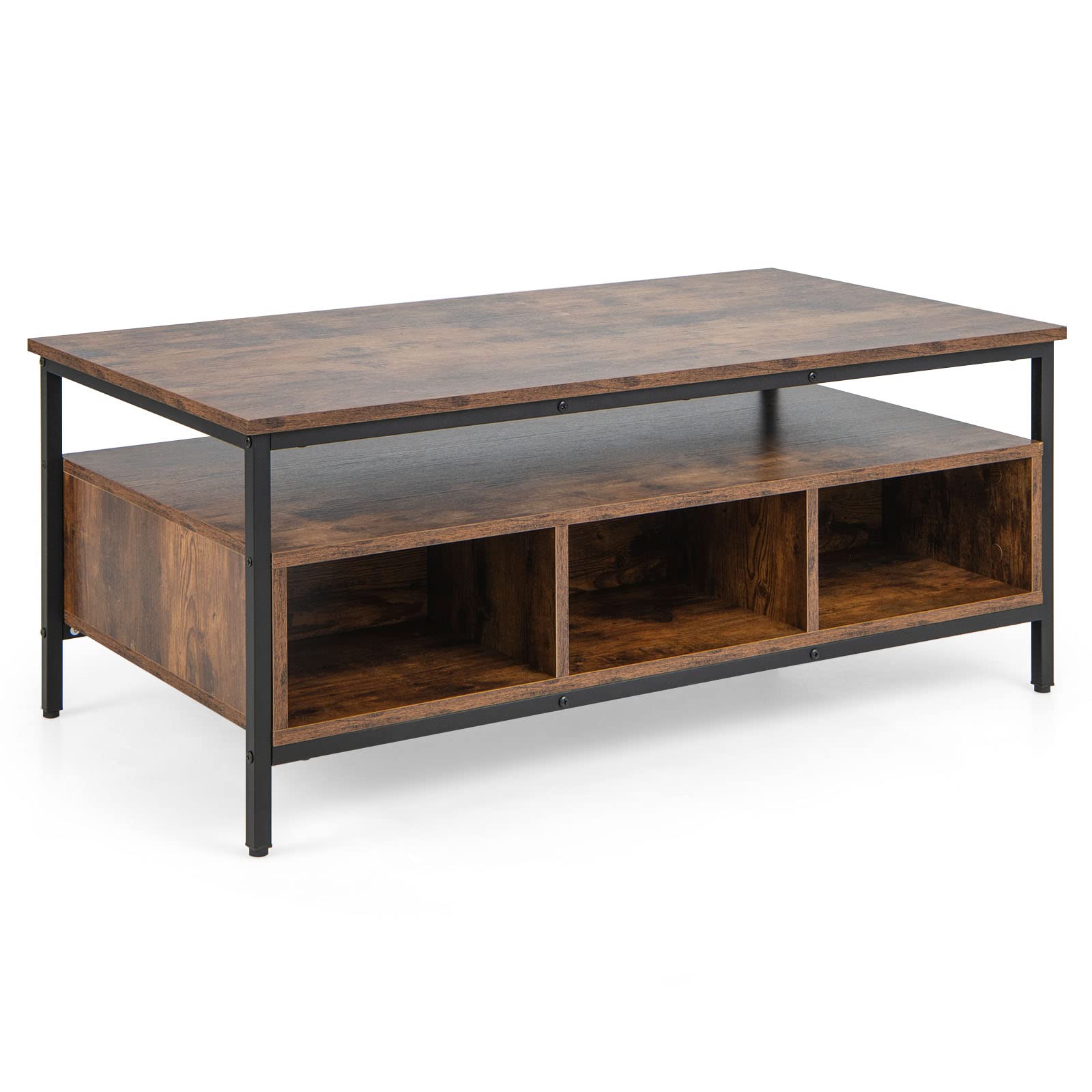 Multigot Coffee Table, Wooden Snack Sofa Side Tea Table with Open Shelf & Compartments, Rectangular Cocktail Center Table for Living Room Bedroom (Rustic Brown + Black, 110 x 60 x 45cm)