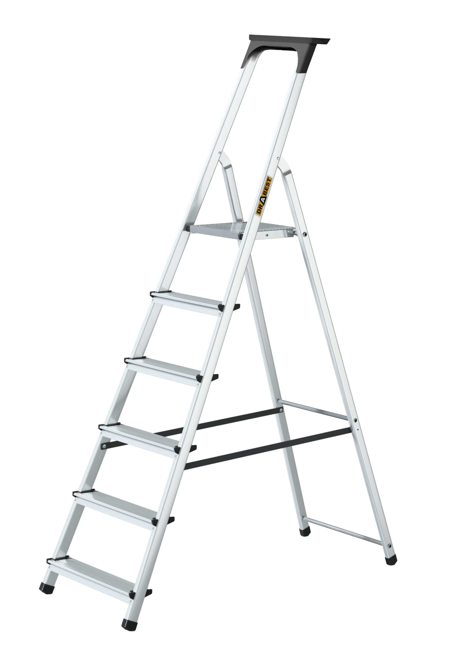 Drabest Silver 6 Step Ladder Folding - Aluminum Folding Ladder - Lader With A Tool Shelf & Work Platform - Stepladders 6 Tread - Capacity 125 Kg - Multi-Purpose Ladders - 47X191x11cm