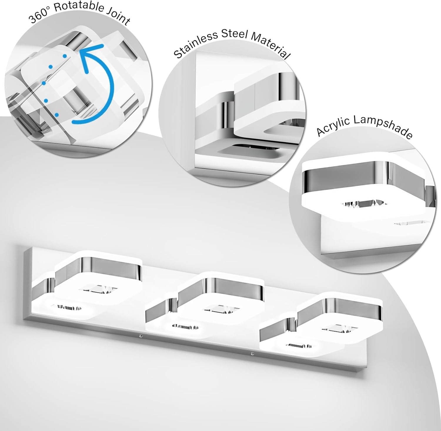Tipace LED Modern Bathroom Vanity Light Fixtures (3-Light,23.6-Inch), Acrylic Chrome Bathroom Wall Lighting Fixtures Over Mirror (Cool White 5500K) with Rotatable Vanity Lights Heads