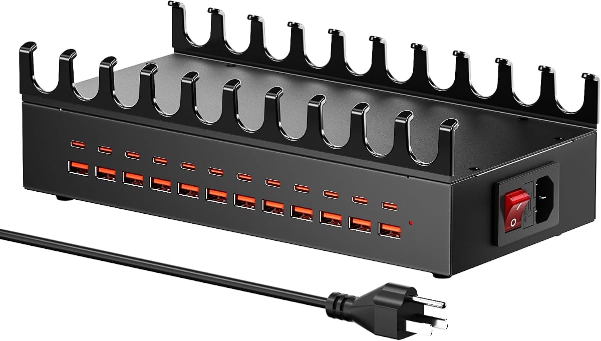 Estación de carga de 300 W con 24 puertos, cargador rápido USB para múltiples dispositivos, organizador de estación de carga múltiple compatible con entrega de energía inteligente, teléfono, tableta, estación de carga para el hogar, oficina, escuela