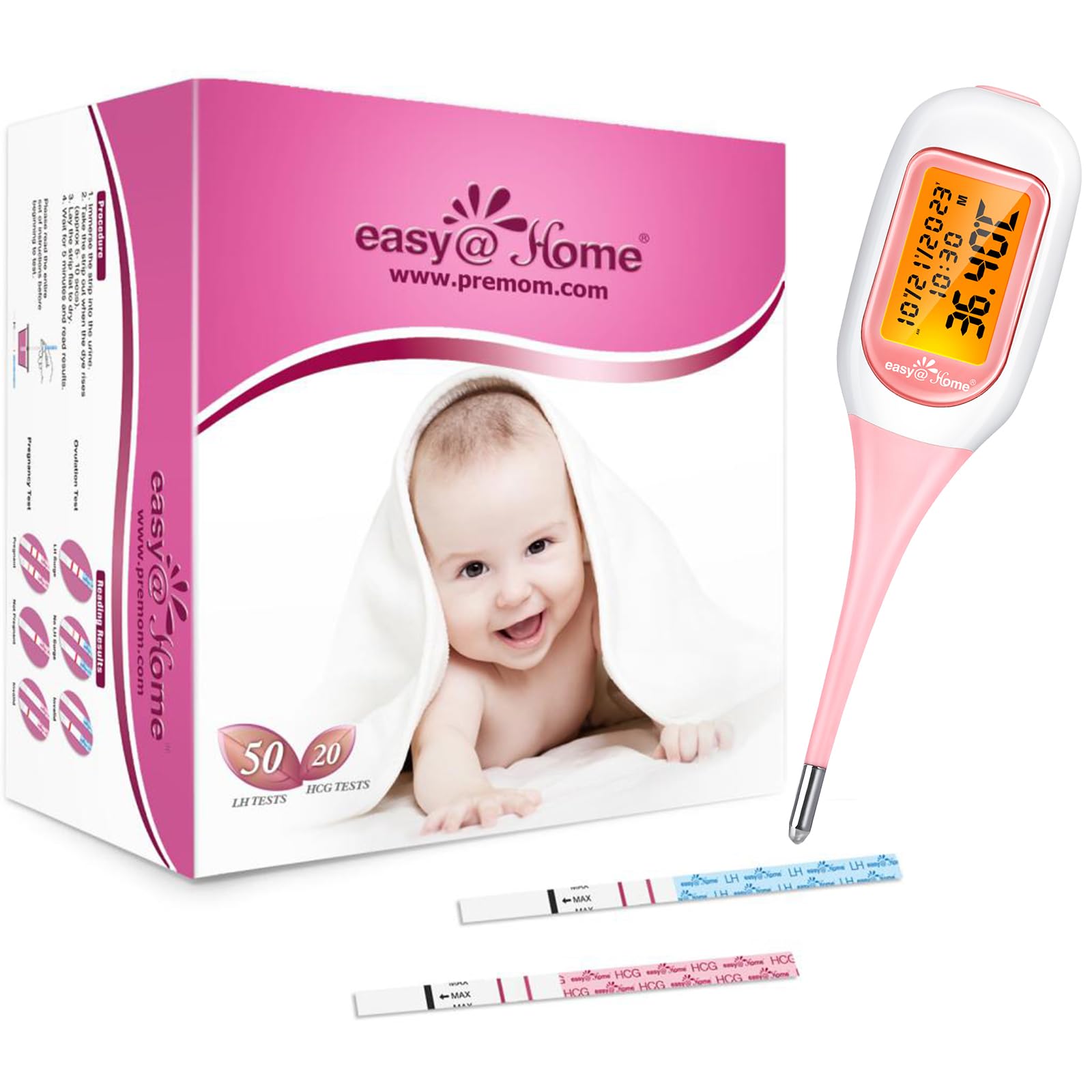Smart Fertility Tracking Kit : Auto-Sync BBT Thermometer with Premom App + 50 Ovulation & 20 Pregnancy Test Strips for Charting & Conception
