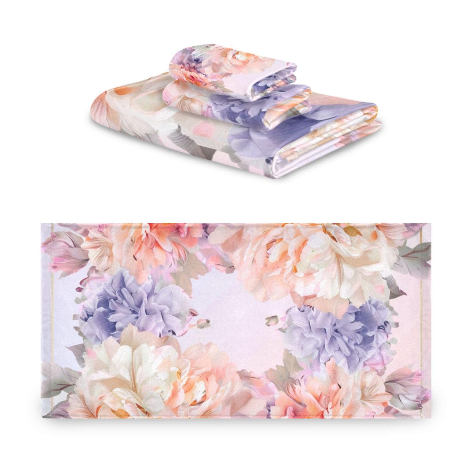Set di 3 asciugamani da viso con fiori di peonia e fiori di peonia, ad asciugatura rapida, 1 asciugamano da bagno, 1 asciugamano per le mani, 1 panno per la casa, la cucina e la famiglia