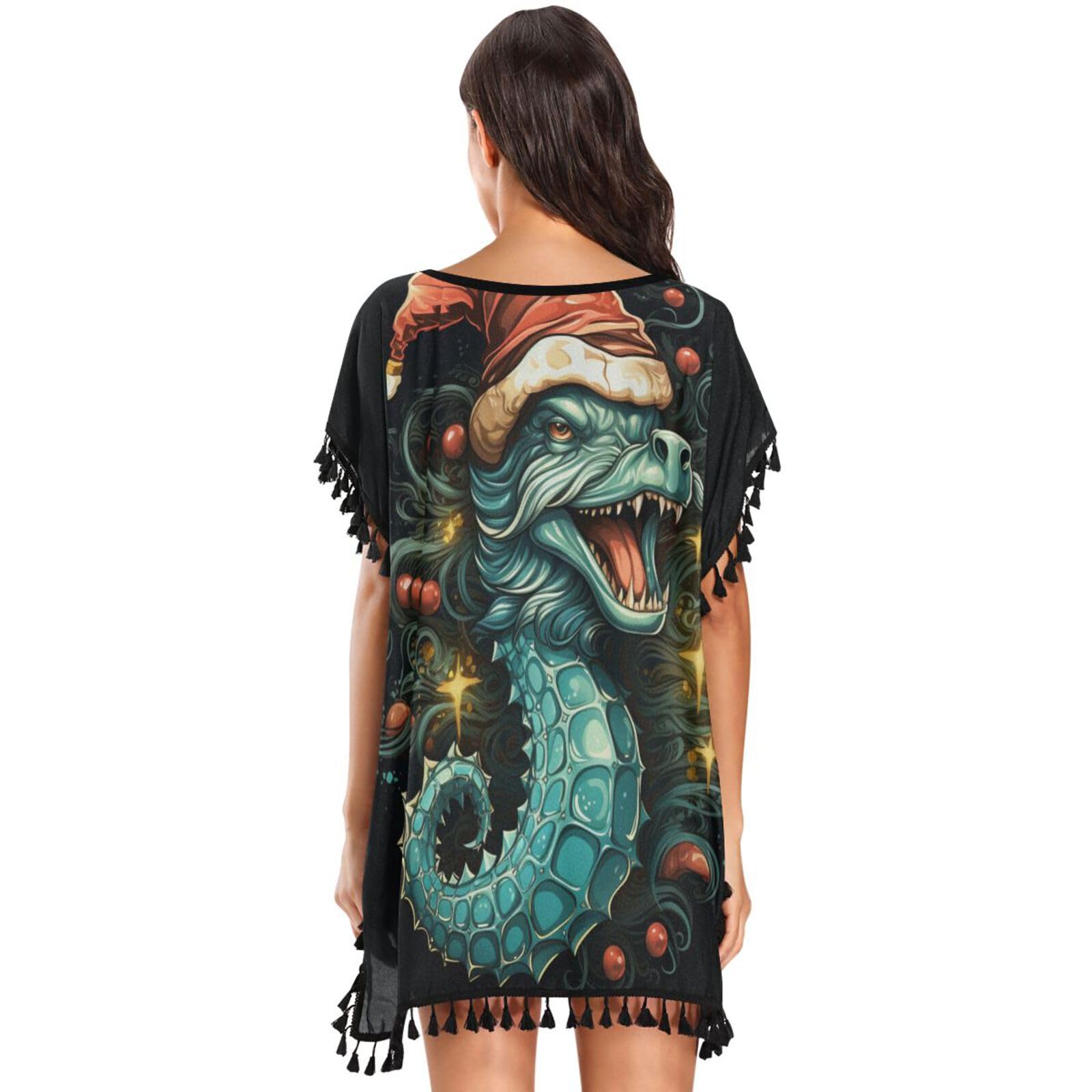 Christmas Style Animals Seahors Women's Beach Cover Up Chiffon Tassel Swimwear Swimsuit Coverups for Girl