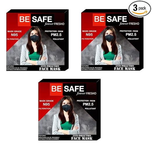 BE SAFE Forever Anti Pollution Face Mask with Activated Carbon- KN95 Filter, for Men/Women Pack of 3