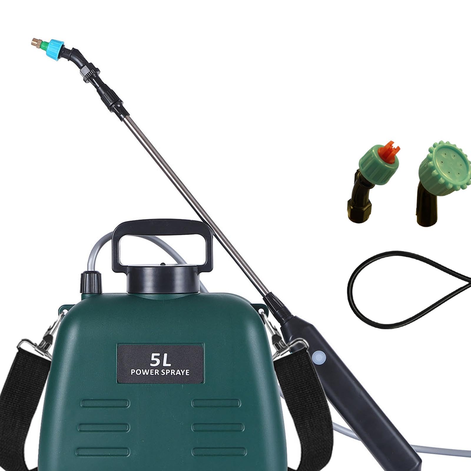 Spruzzatore Portatile Elettrico con Asta Retrattile Serbatoio 5L 3 Ugelli Multifunzione Tracolla Regolabile Adatto a Giardinaggio Pulizia Domestica, Verde