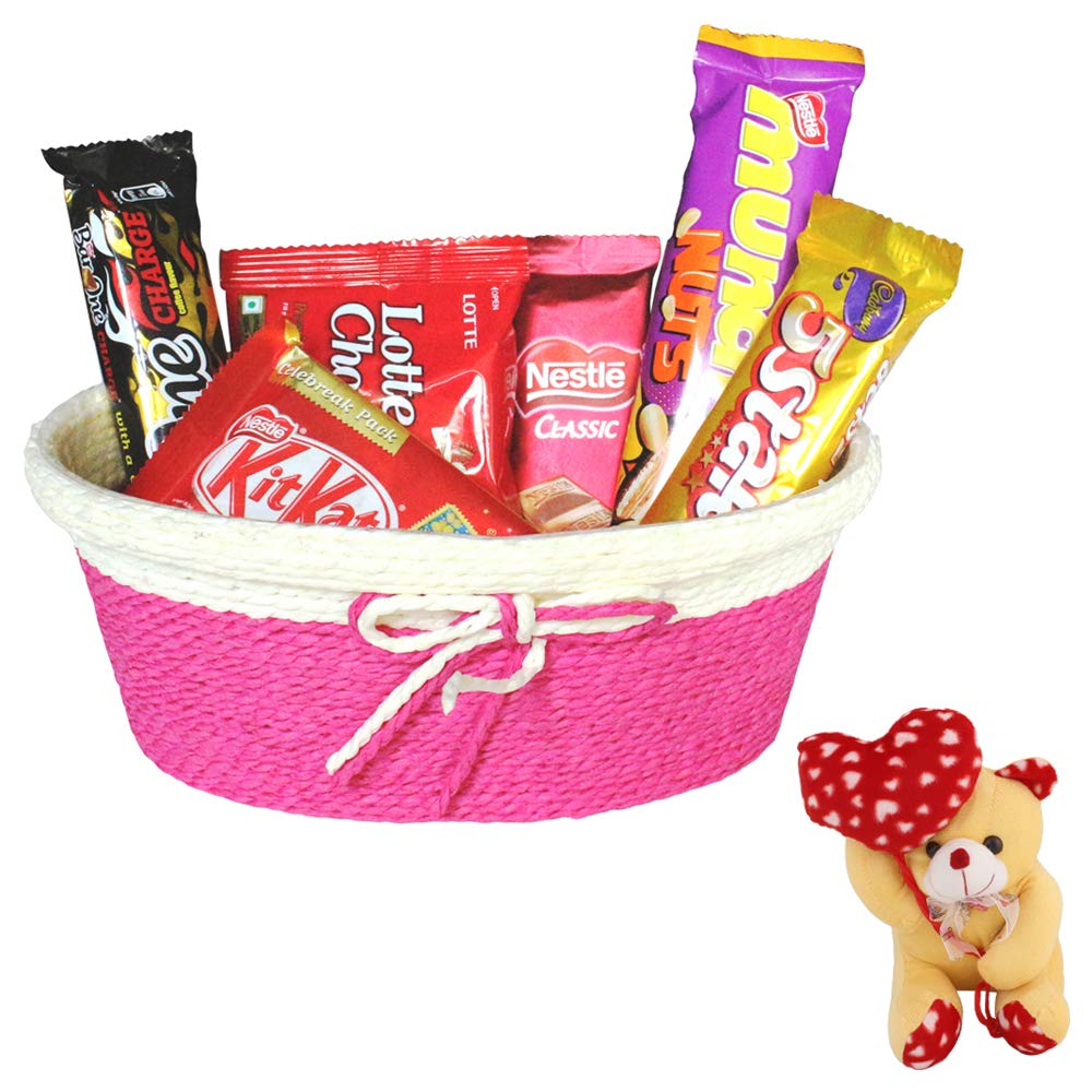 SFU E Com Chocolate Delight with Chocolates and Basket Combo | Valentine Heart Teddy Bear with Chocolate Combo | Valentine Chocolate Hamper | 108