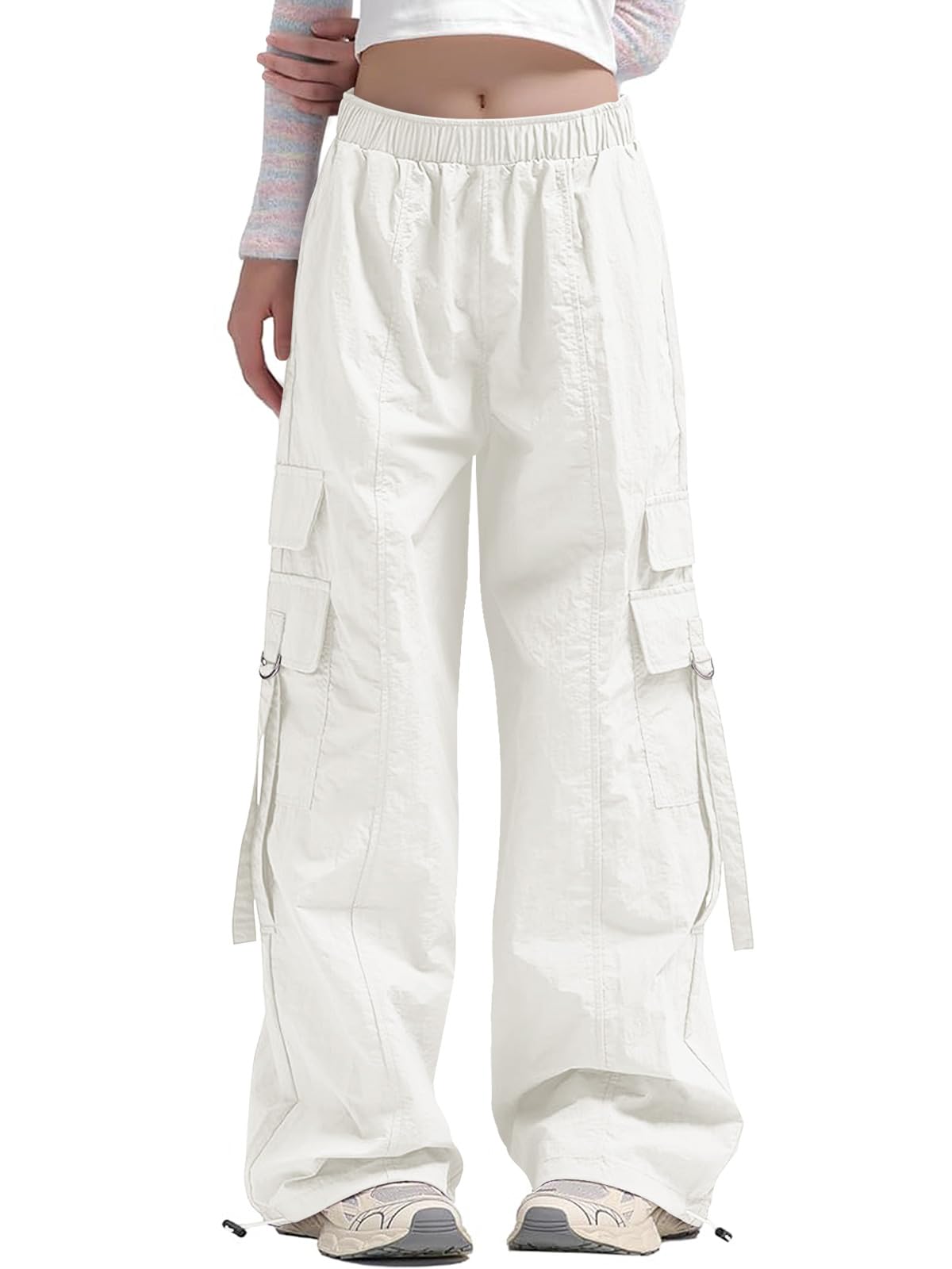 Haloumoning Girls Parachute Pants Kids Wide Leg Cargo Pants Y2K Street Trousers with Pockets 5-14 Years