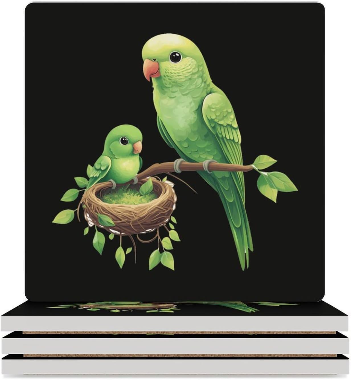 Parakeet Parrots Print Coasters for Drinks Square Table Coasters Set Cup Mats with Cork Base