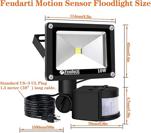 Miniatura 4 de Feudarti Luces de noche de inundación con sensor de movimiento para exteriores, bombillas de seguridad LED de 10 W, enchufe de iluminación de