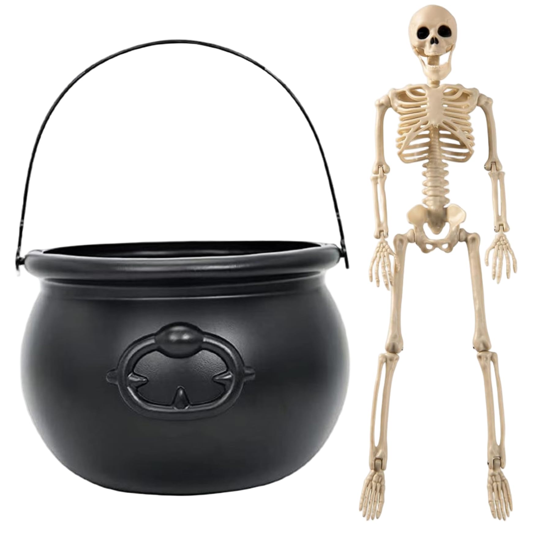 Nukinp Witches Cauldron, Plastic Cauldron Pot with 16 Inch Skeleton, Halloween Decorations for Candy Treats Indoor Outdoor
